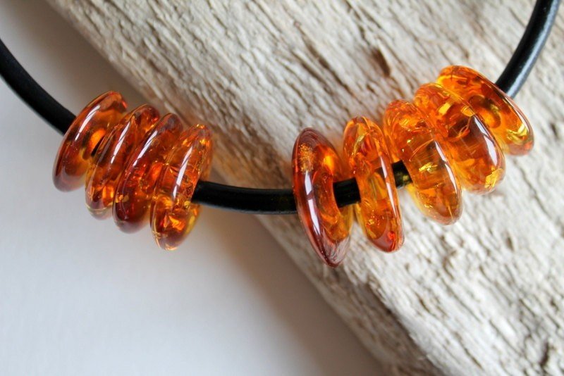 Modern amber necklace with leather and amber donuts beads N18 - Image 3
